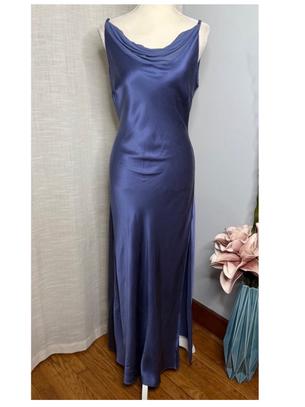 Y2K Vintage Victoria's Secret Silk Cowl Neck Maxi Slip Dress Blue Women's Large